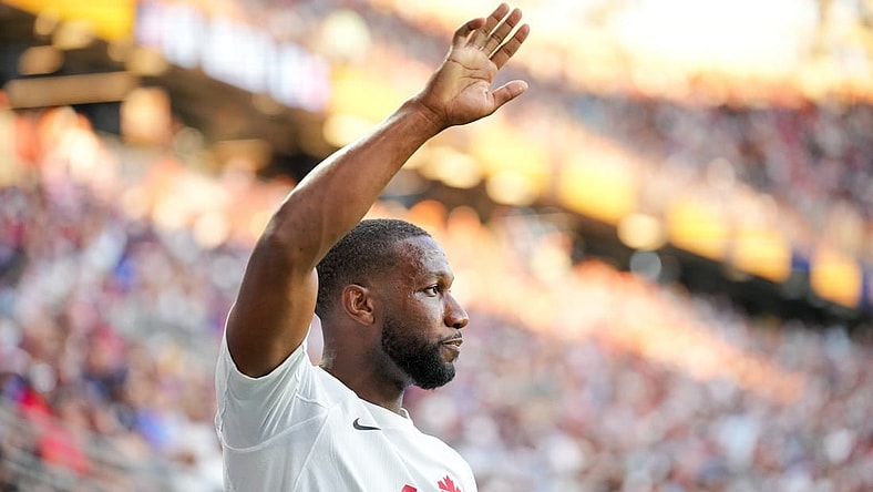 Jul 9, 2023; Cincinnati, Ohio, USA; Canada forward Junior Hoilett (10) signals to teammates against the United States at TQL Stadium. Mandatory Credit: Aaron Doster-USA TODAY Sports