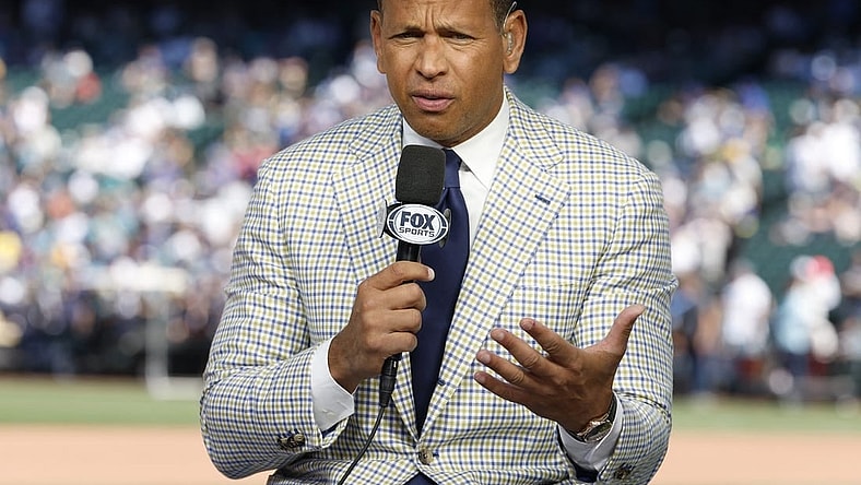 Jul 11, 2023; Seattle, Washington, USA; FOX Sports analyst Alex Rodriguez talks before before the 2023 MLB All Star Game at T-Mobile Park. Mandatory Credit: Joe Nicholson-USA TODAY Sports
