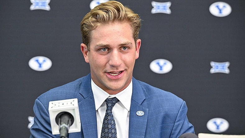 Jul 12, 2023; Arlington, TX, USA; BYU Cougars quarterback Kedon Slovis is interviewed during Big 12 football media day at AT&T Stadium. Mandatory Credit: Jerome Miron-USA TODAY Sports