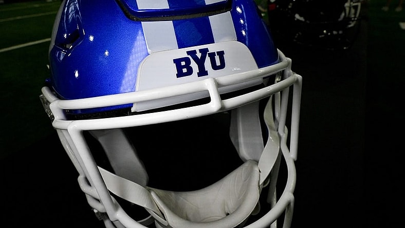Jul 13, 2023; Arlington, TX, USA; A view of the BYU Cougars helmet and logo during the Big 12 football media day at AT&T Stadium. Mandatory Credit: Jerome Miron-USA TODAY Sports