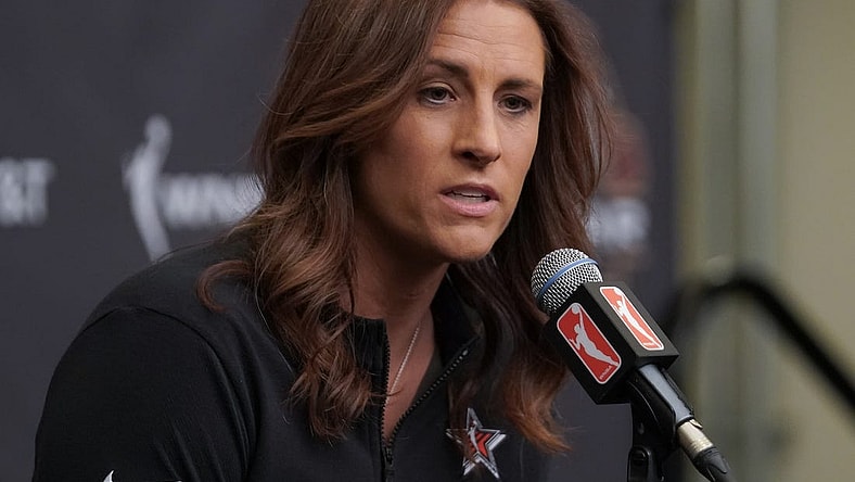 Jul 15, 2023; Las Vegas, NV, USA; Team Stewart head coach Stephanie White answers questions during a press conference prior to the 2023 WNBA All-Star Game at Michelob Ultra Arena. Mandatory Credit: Lucas Peltier-USA TODAY Sports