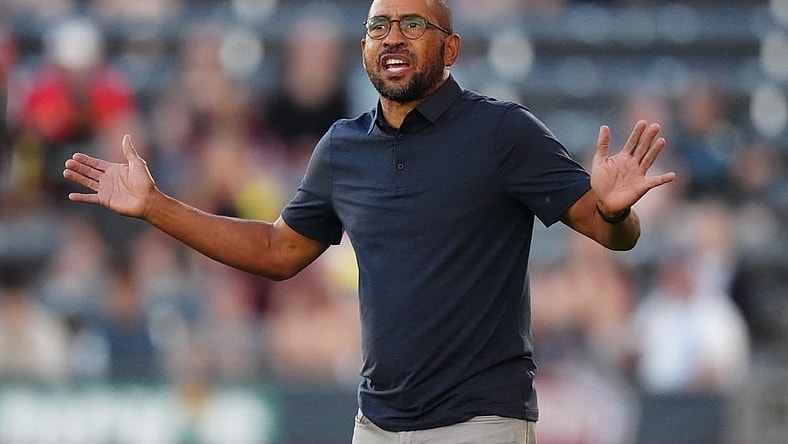 Jul 15, 2023; Commerce City, Colorado, USA; Colorado Rapids head coach Robin Fraser reacts during the first half against the Houston Dynamo FC at Dick's Sporting Goods Park. Mandatory Credit: Ron Chenoy-USA TODAY Sports