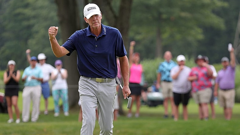 Steve Stricker pumps his fist after his birdie putt on the No. 15 green during the final round of the 2023 Kaulig Companies Championship at Firestone Country Club, Sunday, July 16, 2023, in Akron, Ohio.