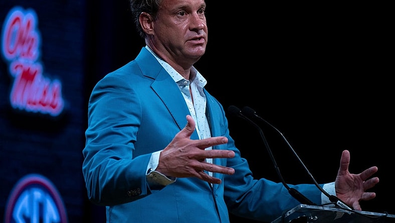 Ole Miss Head Coach Lane Kiffin speaks at the 2023 SEC Football Kickoff Media Days at the Nashville Grand Hyatt on Broadway, Thursday, July 20, 2023.