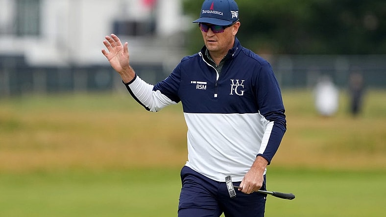 July 21, 2023; Hoylake, ENGLAND, GBR; Zach Johnson reacts after a putt on the second hole during the second round of The Open Championship golf tournament at Royal Liverpool. Mandatory Credit: Kyle Terada-USA TODAY Sports