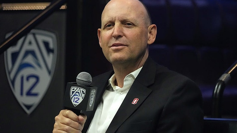 Jul 21, 2023; Las Vegas, NV, USA; Stanford Cardinal coach Troy Taylor speaks during Pac-12 Media Day at Resorts World Las Vegas. tMandatory Credit: Kirby Lee-USA TODAY Sports
