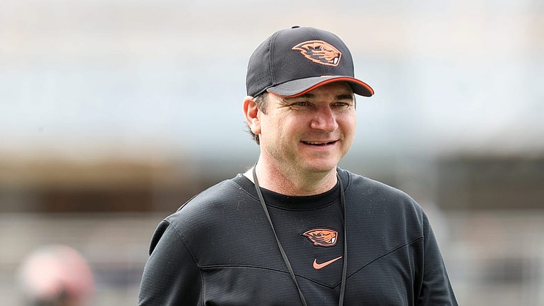Oregon State head coach Jonathan Smith walks the field before the spring showcase at Reser Stadium, Saturday, April 22, 2023, in Corvallis, Ore.

Oregon State Spring Game597
