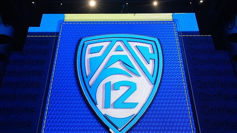 Jul 21, 2023; Las Vegas, NV, USA; The Pac-12 Conference logo during Pac-12 Media Day at Resorts World Las Vegas. Mandatory Credit: Kirby Lee-USA TODAY Sports