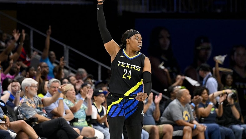 Jul 22, 2023; Arlington, Texas, USA; Dallas Wings guard Arike Ogunbowale (24) celebrates during the second half against the Los Angeles Sparks at College Park Center. Mandatory Credit: Jerome Miron-USA TODAY Sports