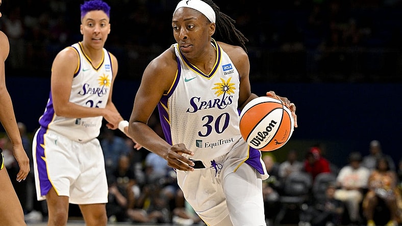 Jul 22, 2023; Arlington, Texas, USA; Los Angeles Sparks forward Nneka Ogwumike (30) brings the ball up court against the Dallas Wings during the second half at College Park Center. Mandatory Credit: Jerome Miron-USA TODAY Sports