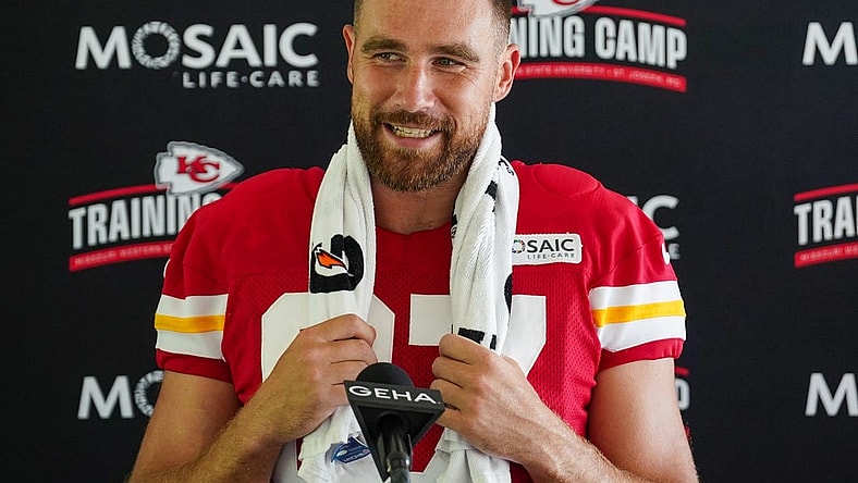 Jul 24, 2023; St. Joseph, MO, USA; Kansas City Chiefs tight end Travis Kelce (87) answers questions from reporters during training camp at Missouri Western State University. Mandatory Credit: Denny Medley-USA TODAY Sports