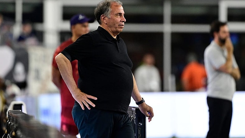 Jul 26, 2023; Foxborough, MA, USA; New England Revolution head coach Bruce Arena watches game action on the pitch during the second half against Club Atletico de San Luis at Gillette Stadium. Mandatory Credit: Eric Canha-USA TODAY Sports