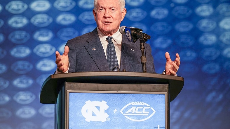 Jul 27, 2023; Charlotte, NC, USA; UNC head coach Mack Brown answers questions from the media during the ACC 2023 Kickoff at The Westin Charlotte. Mandatory Credit: Jim Dedmon-USA TODAY Sports