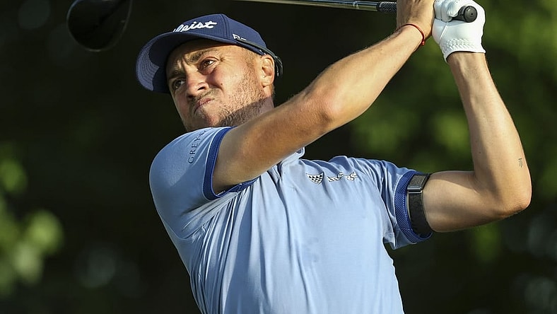 Jul 28, 2023; Blaine, Minnesota, USA; Justin Thomas hits his tee shot on the 11th hole during the second round of the 3M Open golf tournament. Mandatory Credit: Matt Krohn-USA TODAY Sports