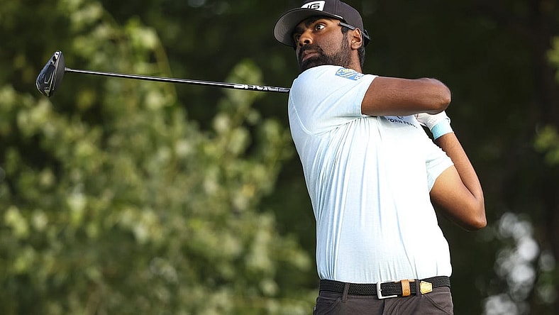 Jul 28, 2023; Blaine, Minnesota, USA; Sahith Theegala hits his tee shot on the 11th hole during the second round of the 3M Open golf tournament. Mandatory Credit: Matt Krohn-USA TODAY Sports