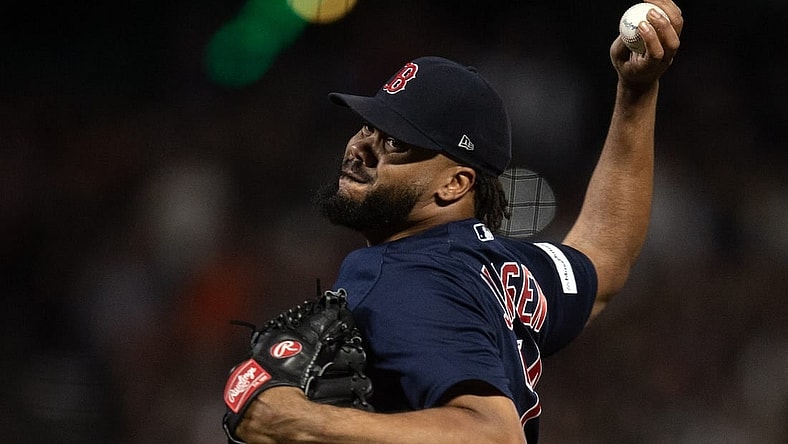 Jul 28, 2023; San Francisco, California, USA; Boston Red Sox pitcher Kenley Jansen (74) delivers a pitch against the San Francisco Giants during the ninth inning at Oracle Park. Mandatory Credit: D. Ross Cameron-USA TODAY Sports
