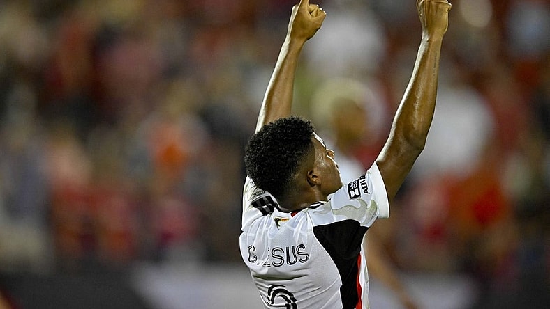 Aug 2, 2023; Frisco, TX, USA; FC Dallas defender Geovane Jesus (2) celebrates after the FC Dallas victory over Mazatlan FC at Toyota Stadium. Mandatory Credit: Jerome Miron-USA TODAY Sports