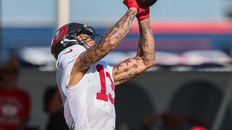 Aug 3, 2023; Tampa Bay, FL, USA;  Tampa Bay Buccaneers wide receiver Mike Evans (13) participates in training camp at AdventHealth Training Center. Mandatory Credit: Nathan Ray Seebeck-USA TODAY Sports