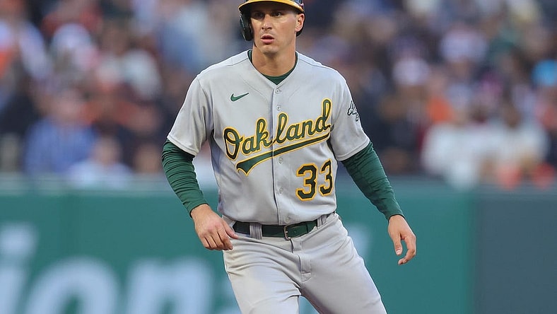 Jul 26, 2023; San Francisco, California, USA; Oakland Athletics left fielder JJ Bleday (33) during the game against the San Francisco Giants at Oracle Park. Mandatory Credit: Sergio Estrada-USA TODAY Sports