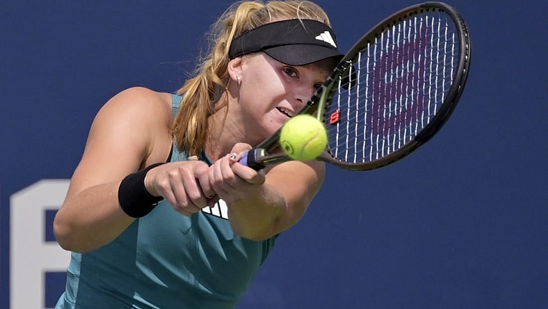 Aug 5, 2023; Montreal, Quebec, Canada; Ashlyn Krueger (USA) hits a backhand against Mirjam Bjorklund (SWE) (not pictured) in first round qualifying play at IGA Stadium. Mandatory Credit: Eric Bolte-USA TODAY Sports