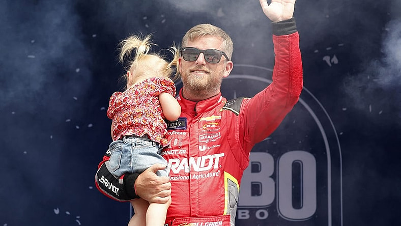Aug 5, 2023; Brooklyn, Michigan, USA; Xfinity Series driver Justin Allgaier (7) during driver introductions before the Cabo Wabo 250 at Michigan International Speedway. Mandatory Credit: Mike Dinovo-USA TODAY Sports