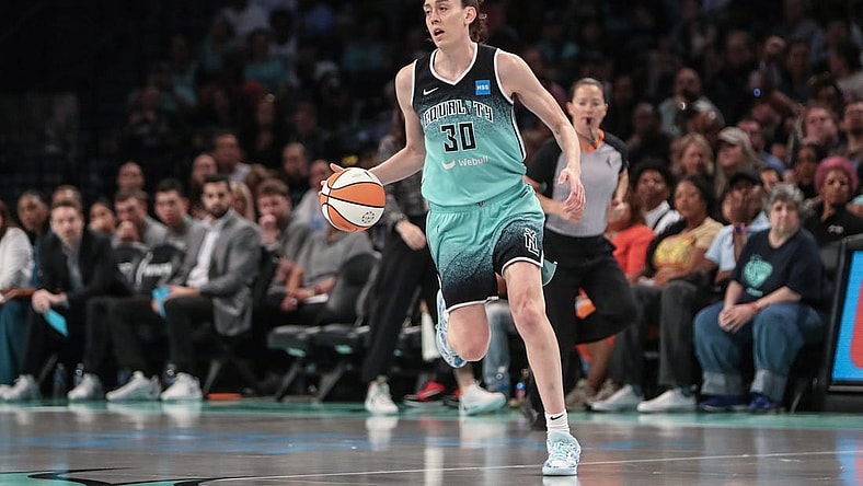 Aug 6, 2023; Brooklyn, New York, USA; New York Liberty forward Breanna Stewart (30) brings the ball up court in the first quarter against the Las Vegas Aces at Barclays Center. Mandatory Credit: Wendell Cruz-USA TODAY Sports
