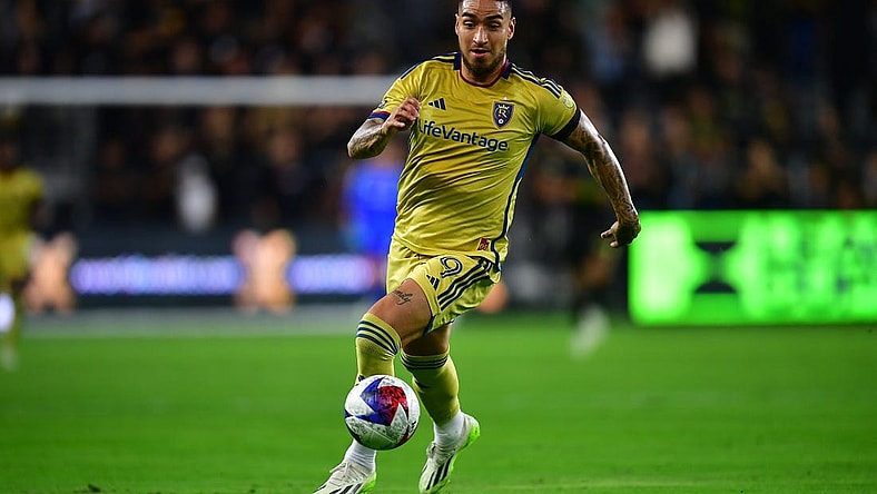 Aug 8, 2023; Los Angeles, CA, USA; Real Salt Lake forward Cristian Arango (9) moves the ball against Los Angeles FC during the first half at BMO Stadium. Mandatory Credit: Gary A. Vasquez-USA TODAY Sports