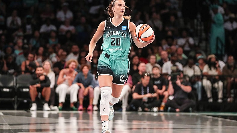 Aug 6, 2023; Brooklyn, New York, USA;  New York Liberty guard Sabrina Ionescu (20) at Barclays Center. Mandatory Credit: Wendell Cruz-USA TODAY Sports