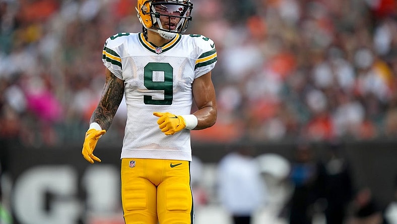 Green Bay Packers wide receiver Christian Watson (9) lines up for a play in the first quarter during a Week 1 NFL preseason game between the Green Bay Packers and the Cincinnati Bengals, Friday, Aug. 11, 2023, at Paycor Stadium in Cincinnati.