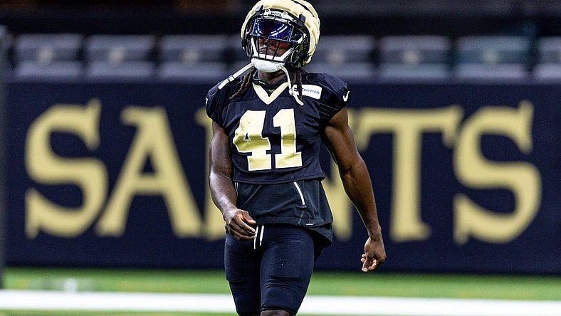 Aug 11, 2023; Metairie, LA, USA;  New Orleans Saints running back Alvin Kamara (41) looks on during training camp at the Caesars Superdome. Mandatory Credit: Stephen Lew-USA TODAY Sports