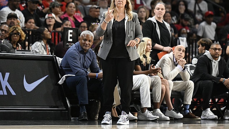 Aug 15, 2023; Las Vegas, Nevada, USA; Las Vegas Aces head coach Becky Hammon gestures to players during the second quarter against the New York Liberty at Michelob Ultra Arena. Mandatory Credit: Candice Ward-USA TODAY Sports