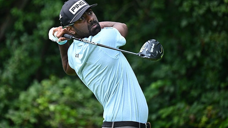 Aug 17, 2023; Olympia Fields, Illinois, USA; Sahith Theegala tees off from the second tee during the first round of the BMW Championship golf tournament. Mandatory Credit: Jamie Sabau-USA TODAY Sports