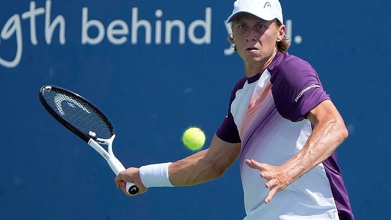 Emil Ruusuvuori of Finland makes a shot to Alexei Popyrin of Australia during the 3rd round of the Western & Southern Open at the Lindner Family Tennis Center in Mason Thursday, August, 17, 2023.
