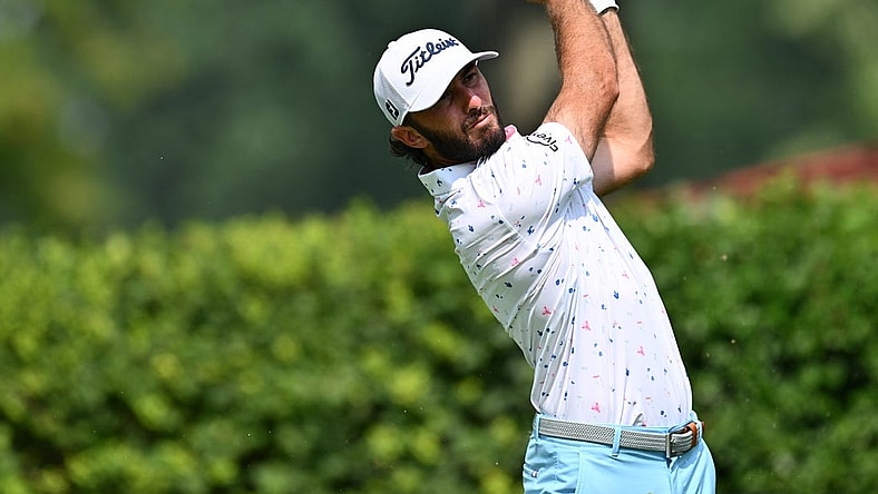 Aug 18, 2023; Olympia Fields, Illinois, USA; Max Homa tees off from the12th tee during the second round of the BMW Championship golf tournament. Mandatory Credit: Jamie Sabau-USA TODAY Sports
