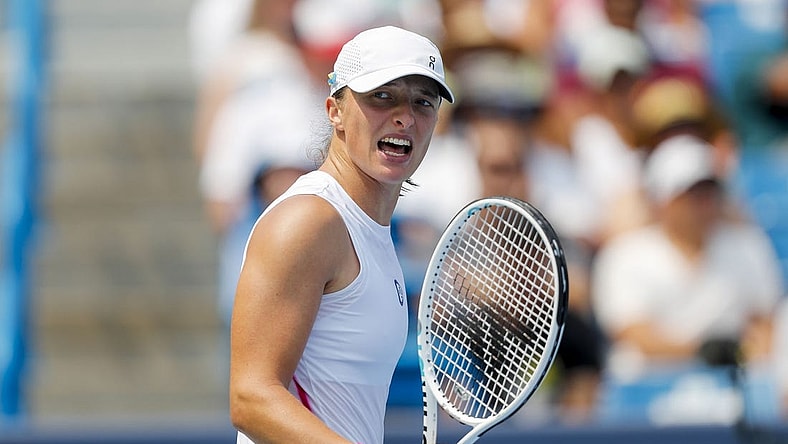 Aug 19, 2023; Mason, OH, USA; Iga Swiatek (POL) reacts after a point against Coco Gauff (USA) during the Western and Southern Open tennis tournament at Lindner Family Tennis Center. Mandatory Credit: Katie Stratman-USA TODAY Sports