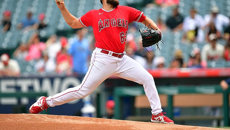 Aug 19, 2023; Anaheim, California, USA; Los Angeles Angels starting pitcher Chase Silseth (63) throws against the Tampa Bay Rays during the first inning at Angel Stadium. Mandatory Credit: Gary A. Vasquez-USA TODAY Sports