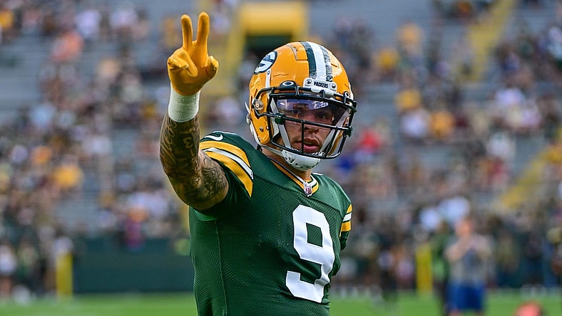 Aug 19, 2023; Green Bay, Wisconsin, USA; Green Bay Packers wide receiver Christian Watson (9) waves to fans before game against the New England Patriots at Lambeau Field. Mandatory Credit: Benny Sieu-USA TODAY Sports