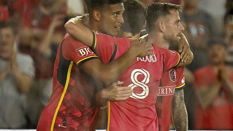 Aug 20, 2023; St. Louis, Missouri, USA; St. Louis City forward Nicholas Gioacchini (11) reacts after scoring a goal against Austin FC during the second half at CITYPARK. Mandatory Credit: Scott Rovak-USA TODAY Sports