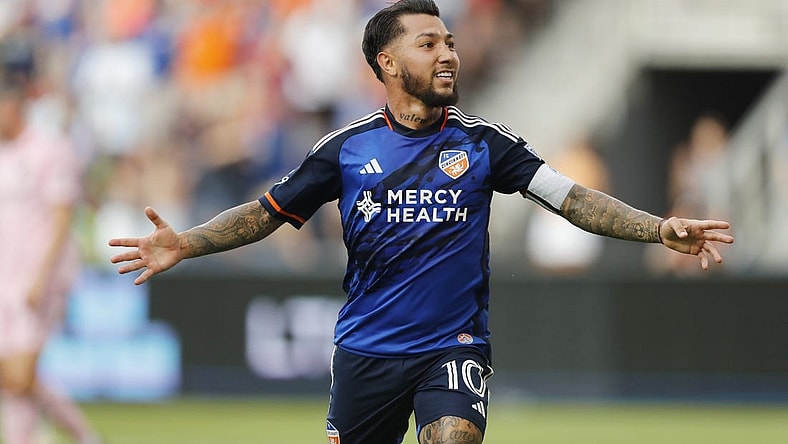 Aug 23, 2023; Cincinnati, OH, USA; FC Cincinnati midfielder Luciano Acosta (10) celebrates goal in the first half against the Inter Miami at TQL Stadium. Mandatory Credit: Katie Stratman-USA TODAY Sports