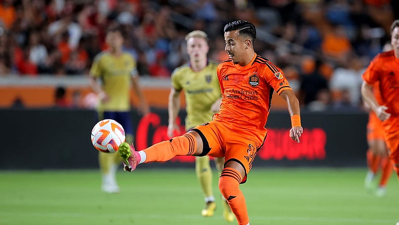 Aug 23, 2023; Houston, TX, USA; Houston Dynamo FC midfielder Amine Bassi (8) looks to control the ball against Real Salt Lake during the first half at Shell Energy Stadium. Mandatory Credit: Erik Williams-USA TODAY Sports
