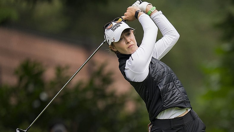 Aug 25, 2023; Vancouver, British Columbia, CAN; Nelly Korda tess off on the fourth hole during the second round of the CPKC Women's Open golf tournament at Shaughnessy Golf & Country Club. Mandatory Credit: Bob Frid-USA TODAY Sports