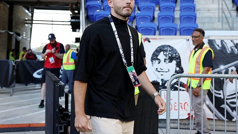 Aug 26, 2023; Harrison, New Jersey, USA; New York Red Bulls midfielder Lewis Morgan (10) arrives before the game against Inter Miami CF at Red Bull Arena. Mandatory Credit: Vincent Carchietta-USA TODAY Sports