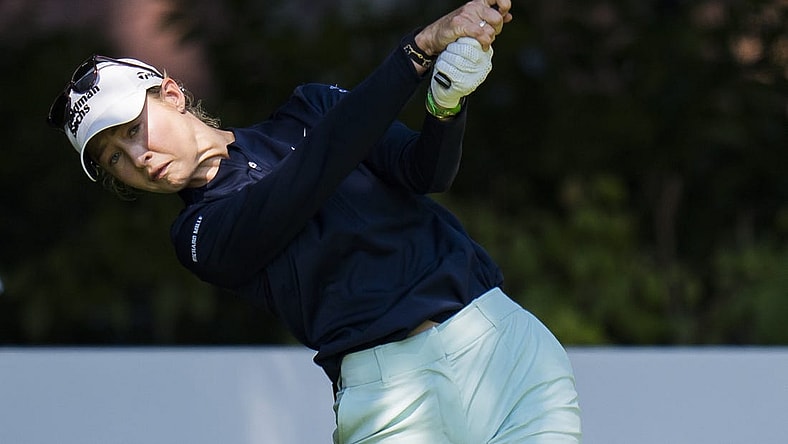 Aug 26, 2023; Vancouver, British Columbia, CAN; Nelly Korda tees off on the fourth hole during the third round of the CPKC Women's Open golf tournament at Shaughnessy Golf & Country Club. Mandatory Credit: Bob Frid-USA TODAY Sports