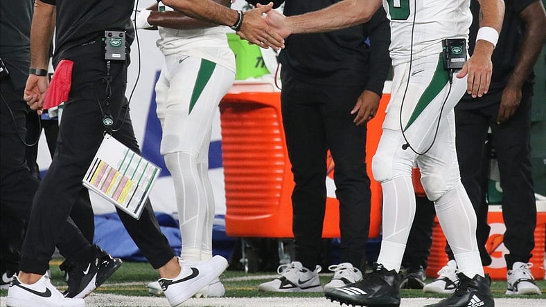 East Rutherford, NJ August 26, 2023 -- bCoach Robert Saleh and Aaron Rodgers celebrates after the third offensive unit scored a fourth quarter TD. The NY Jets against the NY Giants on August 26, 2023 at MetLife Stadium in East Rutherford, NJ, as the rivals play their final preseason game before the start of the NFL season.
