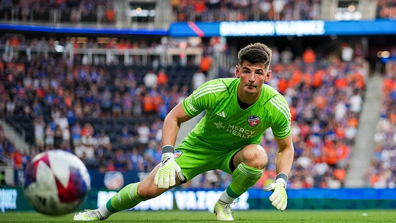 Aug 26, 2023; Cincinnati, Ohio, USA;  FC Cincinnati goalkeeper Roman Celentano (18) warm-up before a game against New York City FC at TQL Stadium. Mandatory Credit: Aaron Doster-USA TODAY Sports