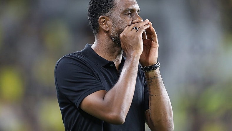 Aug 26, 2023; Columbus, Ohio, USA; Columbus Crew SC Head Coach Wilfried Nancy gestures during the second half at Lower.com Field. Mandatory Credit: Joseph Maiorana-USA TODAY Sports