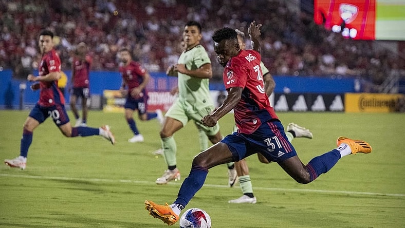 Aug 26, 2023; Frisco, Texas, USA; FC Dallas forward Eugene Ansah (31) in action during the game between FC Dallas and Austin FC at Toyota Stadium. Mandatory Credit: Jerome Miron-USA TODAY Sports