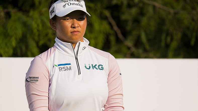 Aug 27, 2023; Vancouver, British Columbia, CAN; Megan Khang tees off on the sixteenth hole during the final round of the CPKC Women's Open golf tournament at Shaughnessy Golf & Country Club. Mandatory Credit: Bob Frid-USA TODAY Sports