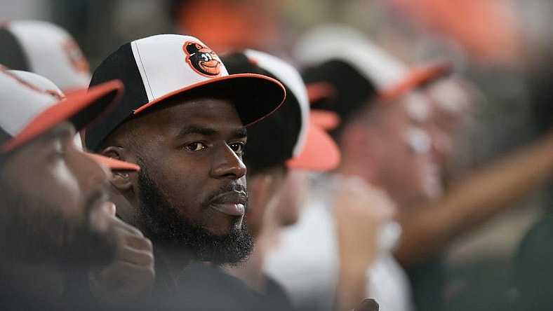 Aug 28, 2023; Baltimore, Maryland, USA;  Baltimore Orioles relief pitcher Felix Bautista (74)  sits in the dugout during the eighth inning against the Chicago White Sox at Oriole Park at Camden Yards. Mandatory Credit: Tommy Gilligan-USA TODAY Sports