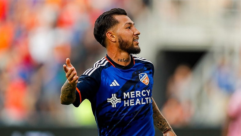 Aug 23, 2023; Cincinnati, OH, USA; FC Cincinnati midfielder Luciano Acosta (10) reacts after scoring a goal against Inter Miami CF in the first half at TQL Stadium. Mandatory Credit: Katie Stratman-USA TODAY Sports